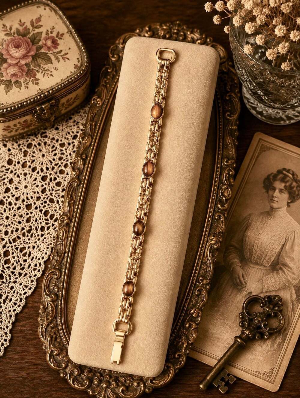 Vintage Gold Tone Tiger's Eye Cabochon Link Bracelet with Swirl Detailing